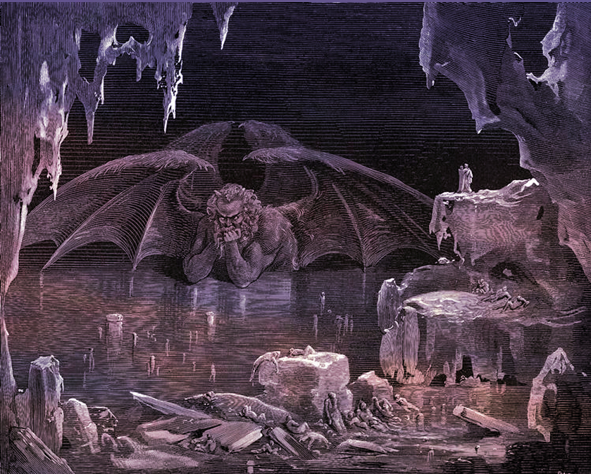 Lucifer, Tranh khắc gỗ của Gustave Dore, 1890. (Inferno, canto XXXIV)